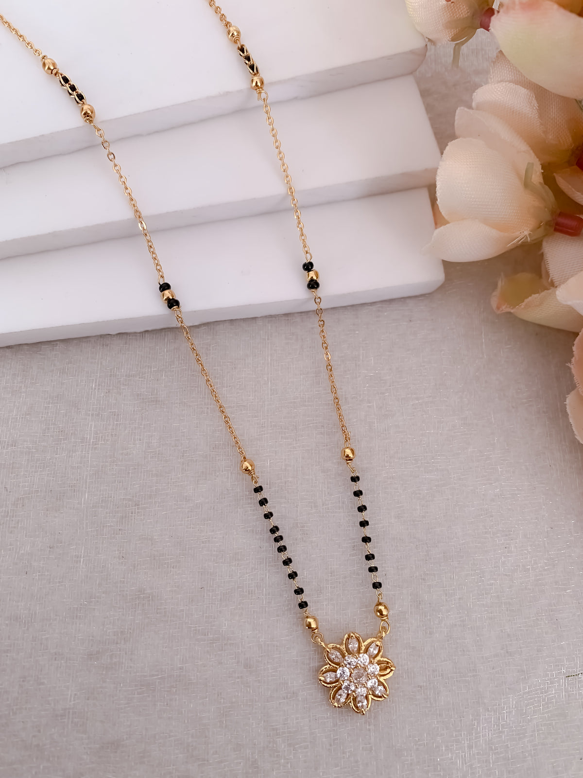 Buy 1 Get 1 Free -Floral CZ Minimal Mangalsutra | Elegant Gold Chain Black Beads Necklace - Mangalsutra - Belleza Jewels
