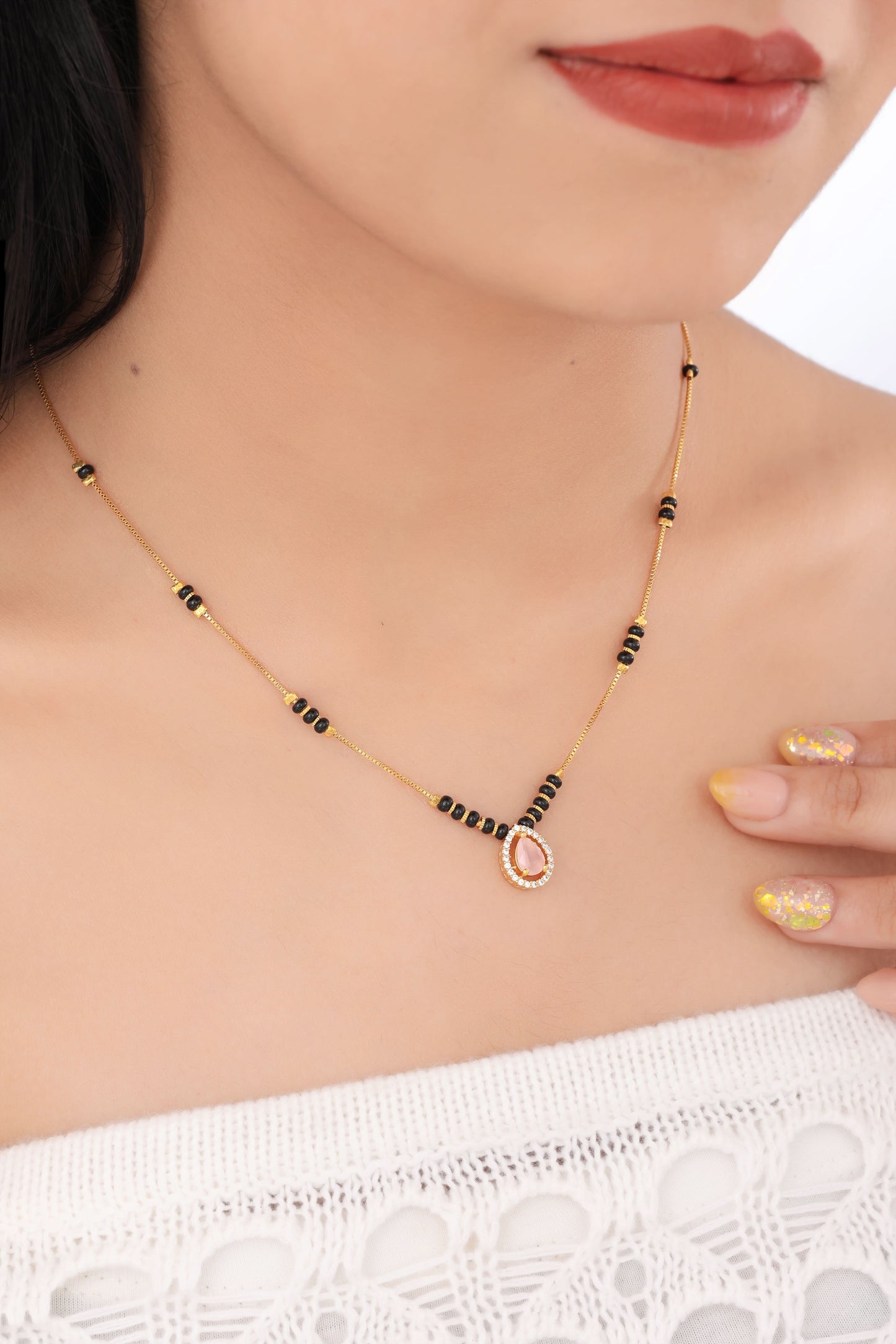 Buy 1 Get 1 Free - American Diamond Pink Stone Fancy Delicate Mangalsutra