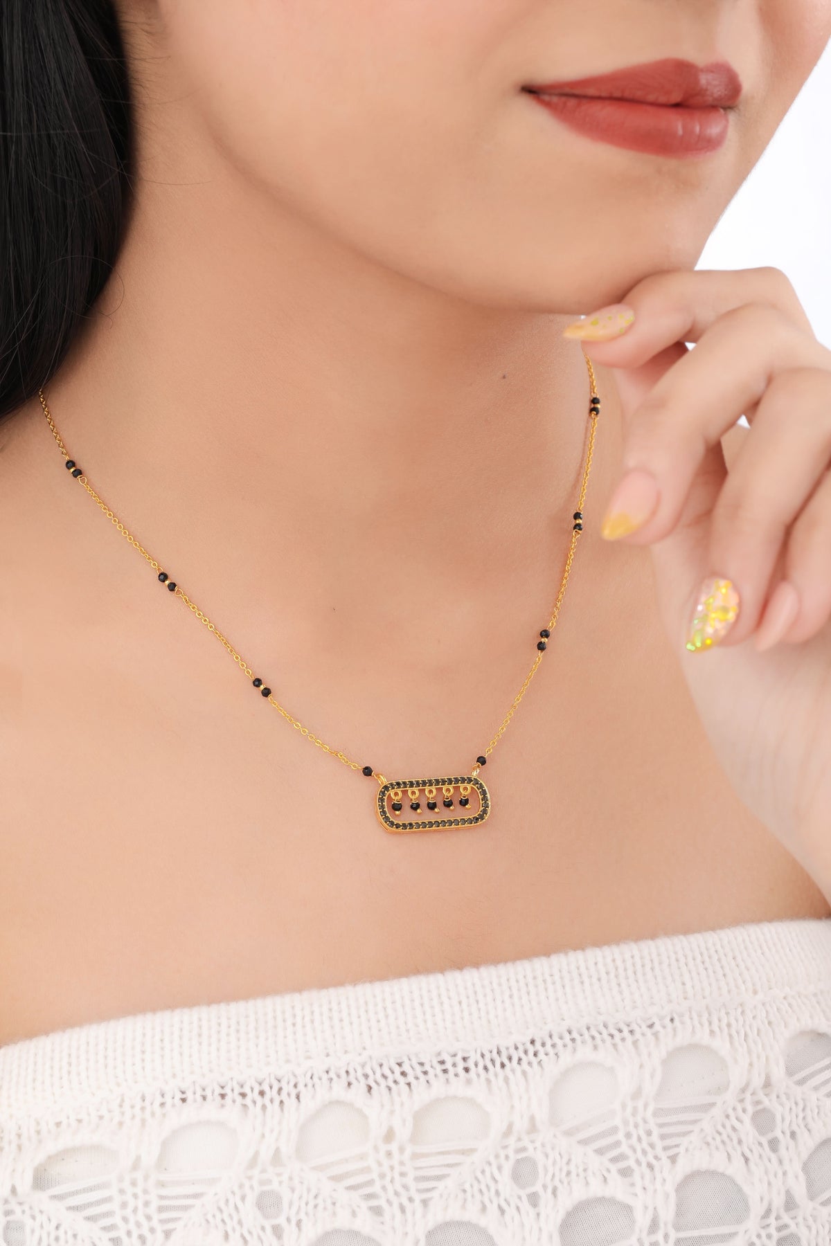Buy 1 Get 1 Free - Minimal Rectangle Charm Mangalsutra | Elegant Black Beads Chain - Mangalsutra - Belleza Jewels