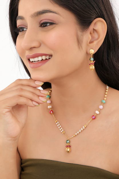 Brass High Gold Matt Finished Multi Colour Fancy Mala Set - Pendant Set - Belleza Jewels