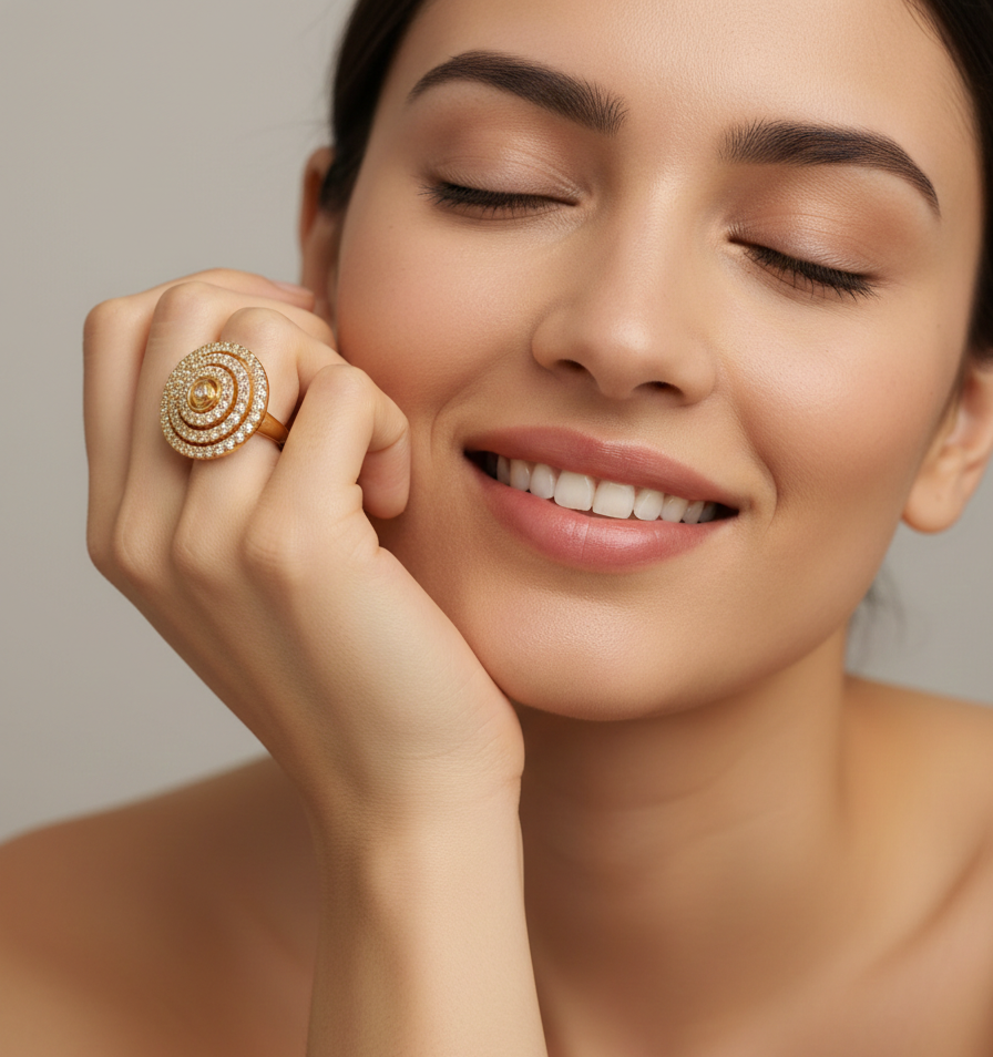 Woman wearing a gold ring on her finger against a neutral background