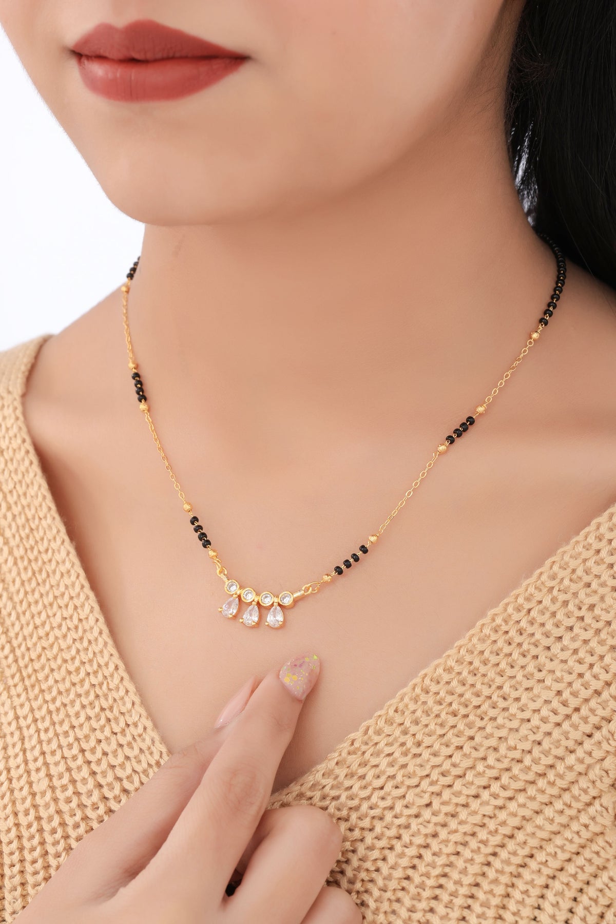 Buy 1 Get 1 Free -Trinity Drop CZ Mangalsutra | Gold Finish Black Beads Chain - Mangalsutra - Belleza Jewels