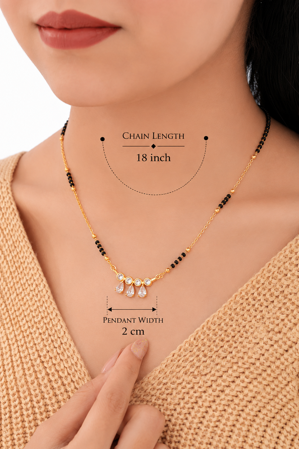 Trinity Drop CZ Mangalsutra | Gold Finish Black Beads Chain