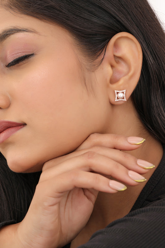 Buy1 Get 1 Free -American Diamond Delivered Design Silver and Rose Gold plating Tops Earring White Pearl