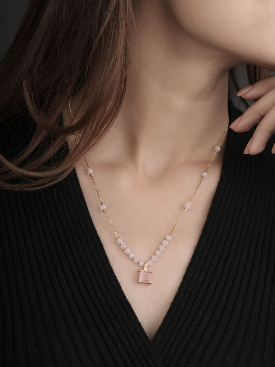 Fancy High Gold Plated Square Shape Pink Stone Chain Pendant - Chain Pendant - Belleza Jewels