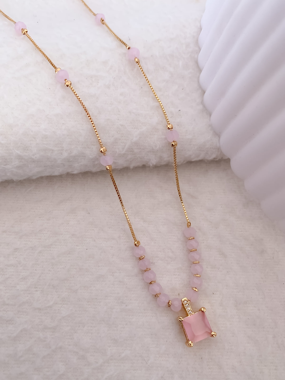 Fancy High Gold Plated Square Shape Pink Stone Chain Pendant - Chain Pendant - Belleza Jewels