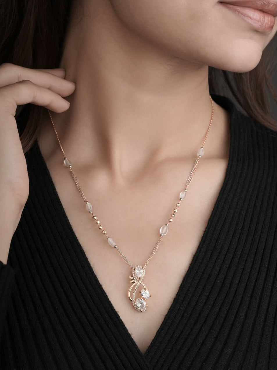 American Diamond With Beads Gold Plated Fancy Chain Pendant - Chain Pendant - Belleza Jewels