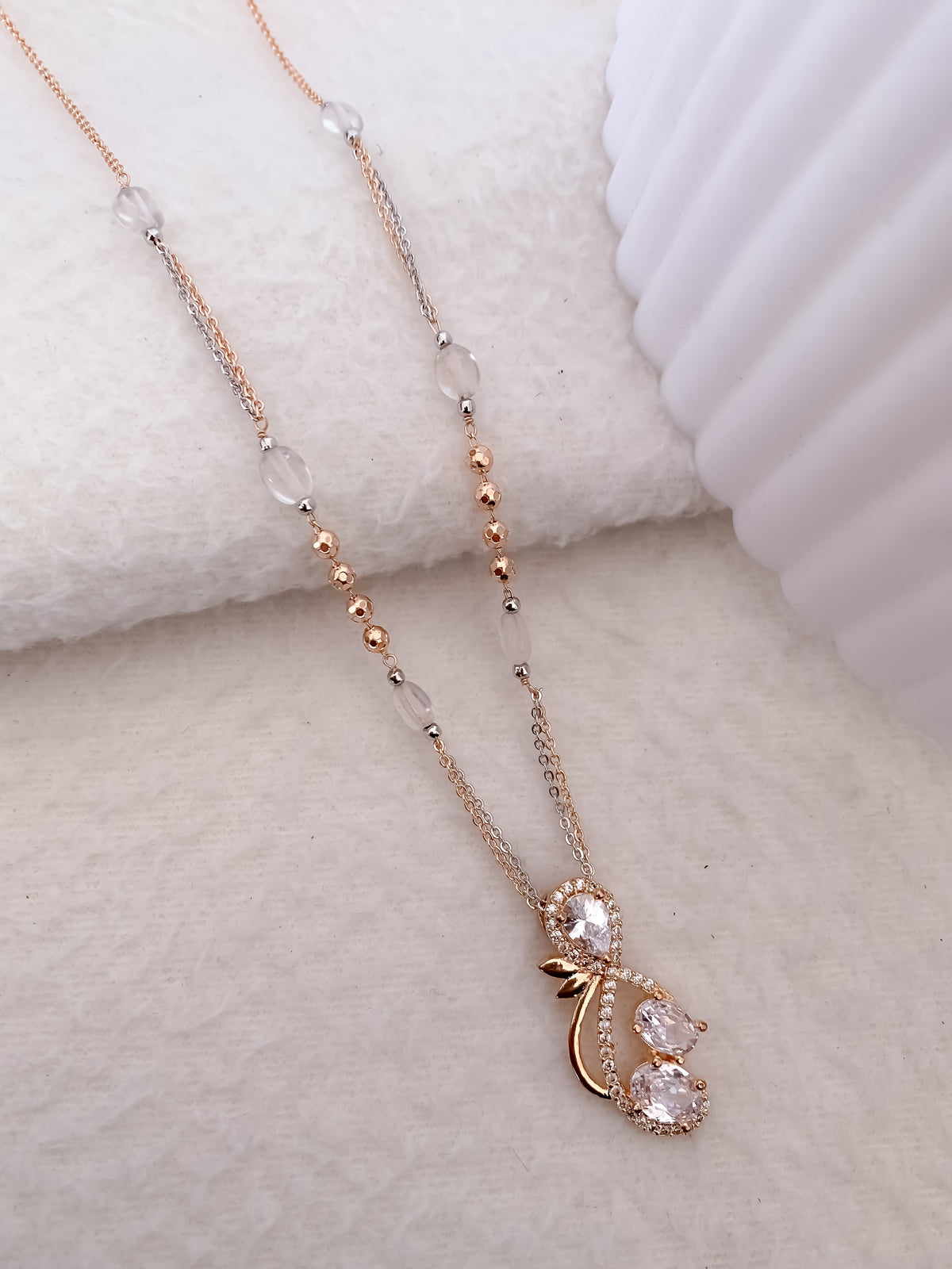 American Diamond With Beads Gold Plated Fancy Chain Pendant - Chain Pendant - Belleza Jewels