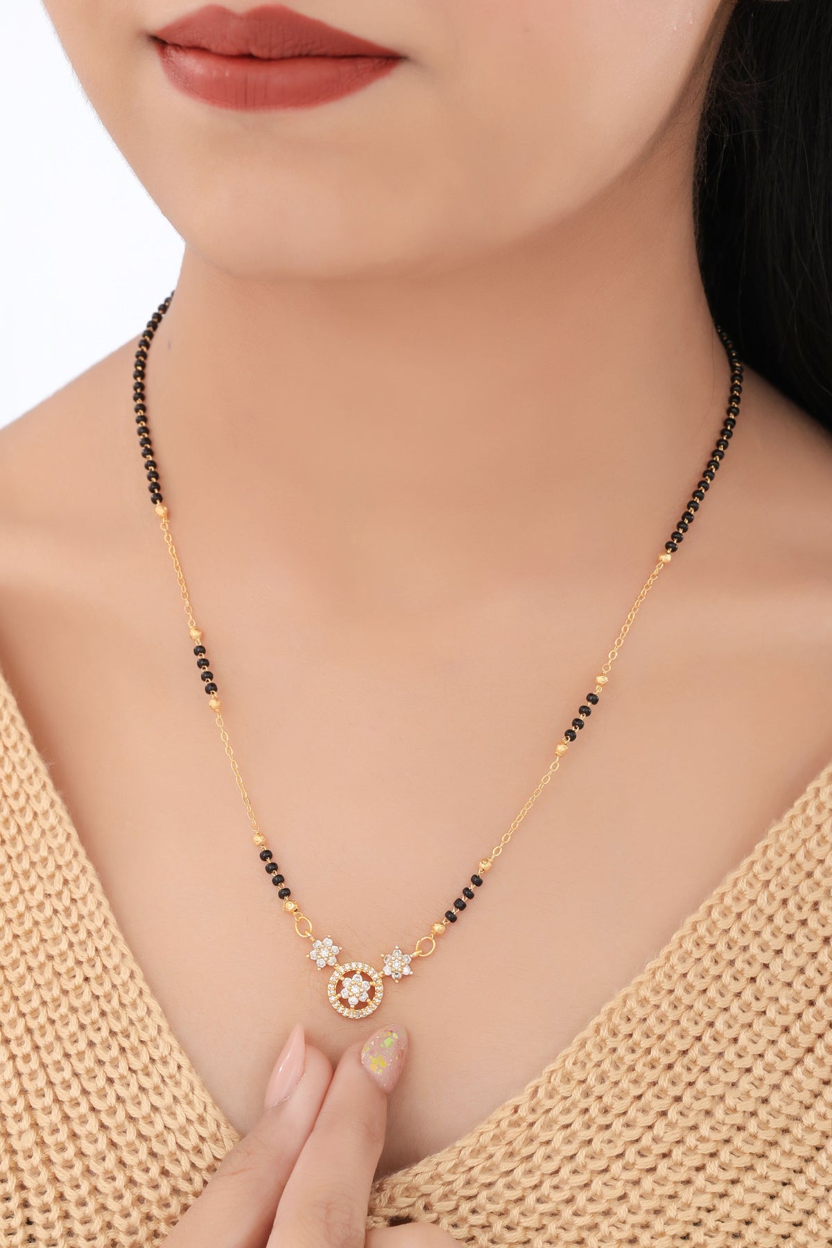 Buy 1 Get 1 Free - Floral CZ Circle Pendant Mangalsutra with Black Beads - Mangalsutra - Belleza Jewels