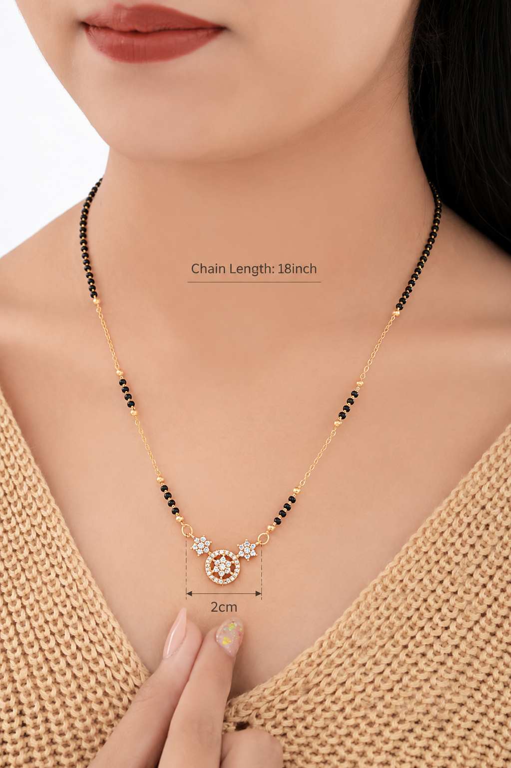 Floral CZ Circle Pendant Mangalsutra with Black Beads