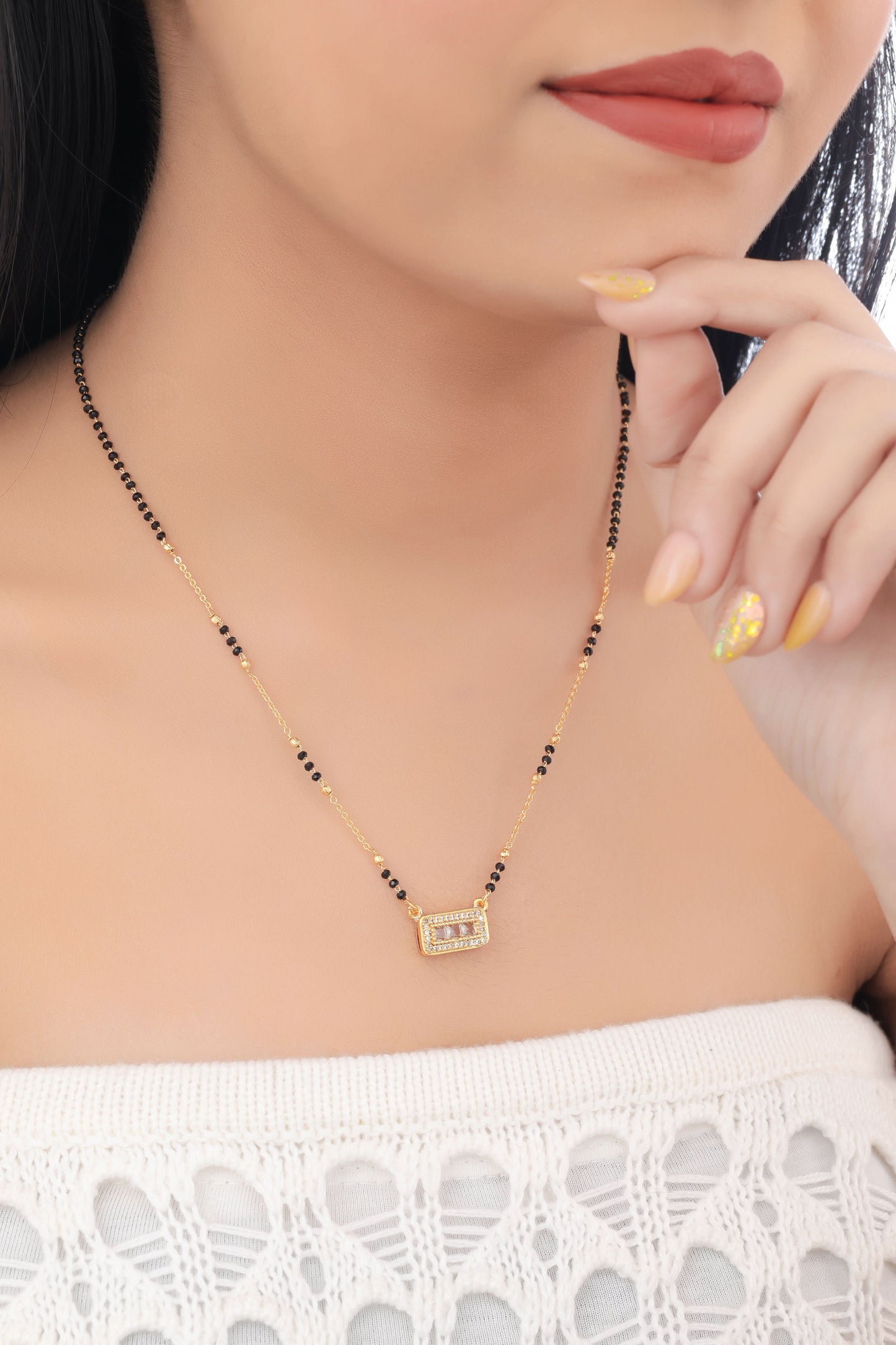 Buy 1 Get 1 Free - American Diamond Square Shape Gold Plated Delicate Fancy chain Mangalsutra