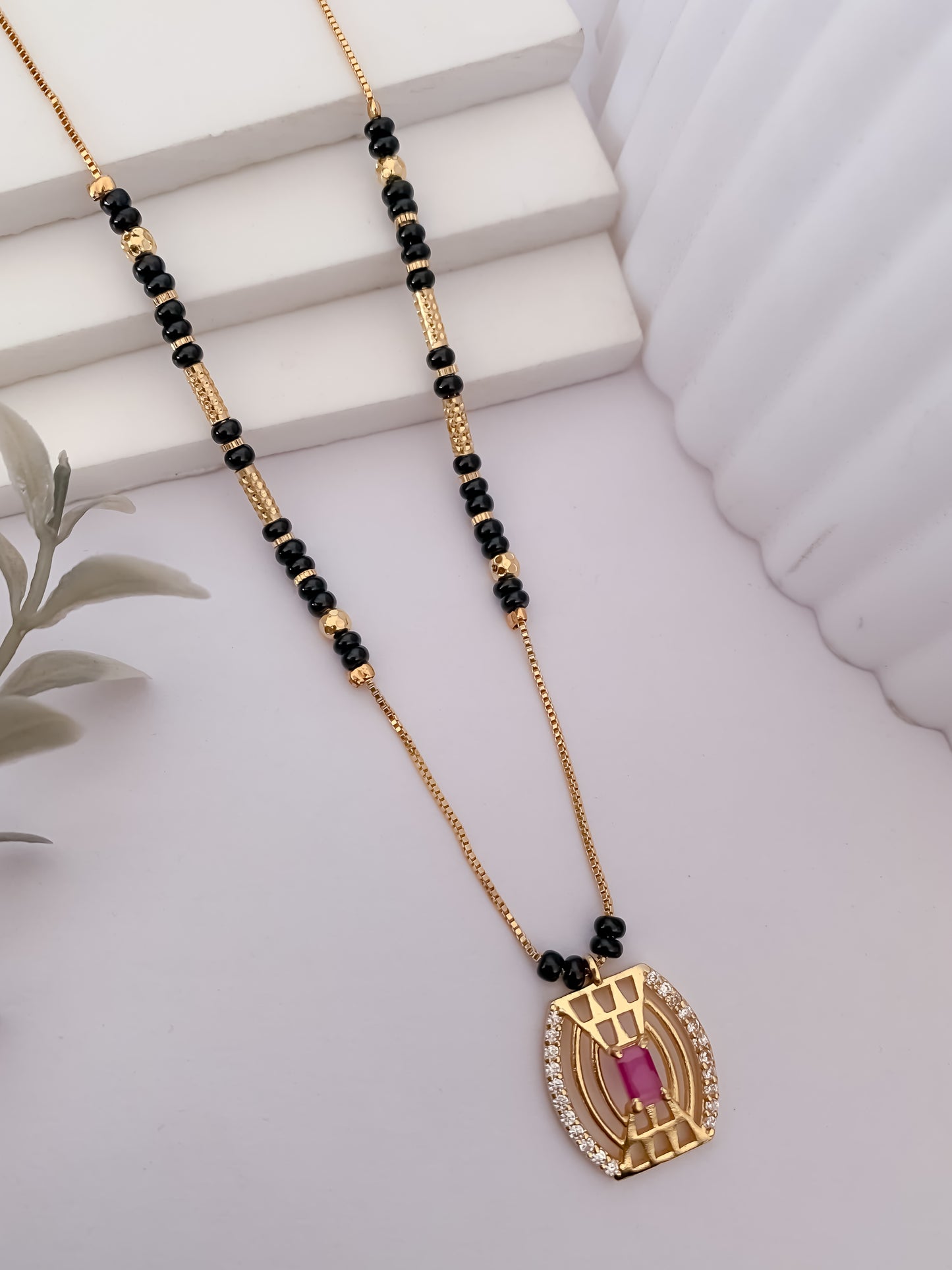 Buy 1 Get 1 Free - Ruby Glow Pendant Mangalsutra (Black Beads Minimal Chain)