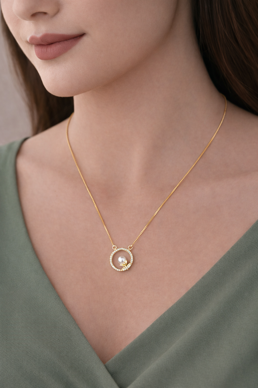 American Diamond Gold Plated Fancy Round Shape Delicate Chain Pendent - Chain Pendal - Belleza Jewels