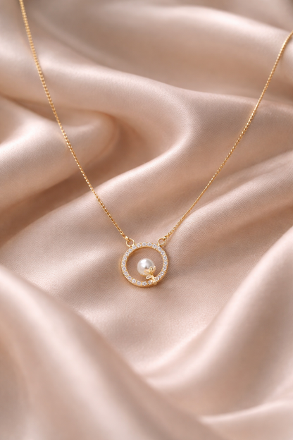 American Diamond Gold Plated Fancy Round Shape Delicate Chain Pendent - Chain Pendal - Belleza Jewels