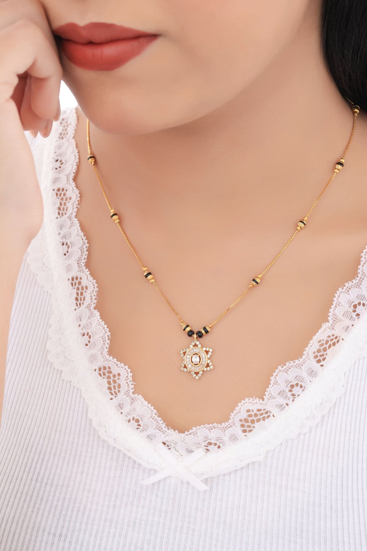 Star Bloom Oval CZ Mangalsutra | Gold Finish Black Beads Necklace