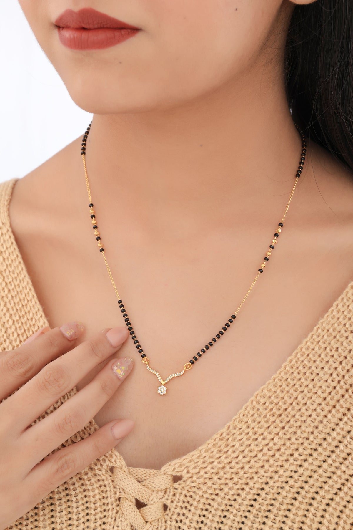 Buy 1 Get 1 Free -Gold Plated V-Shaped Crystal Pendant Mangalsutra with Black Beads - Mangalsutra - Belleza Jewels