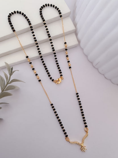 Buy 1 Get 1 Free -Gold Plated V-Shaped Crystal Pendant Mangalsutra with Black Beads - Mangalsutra - Belleza Jewels