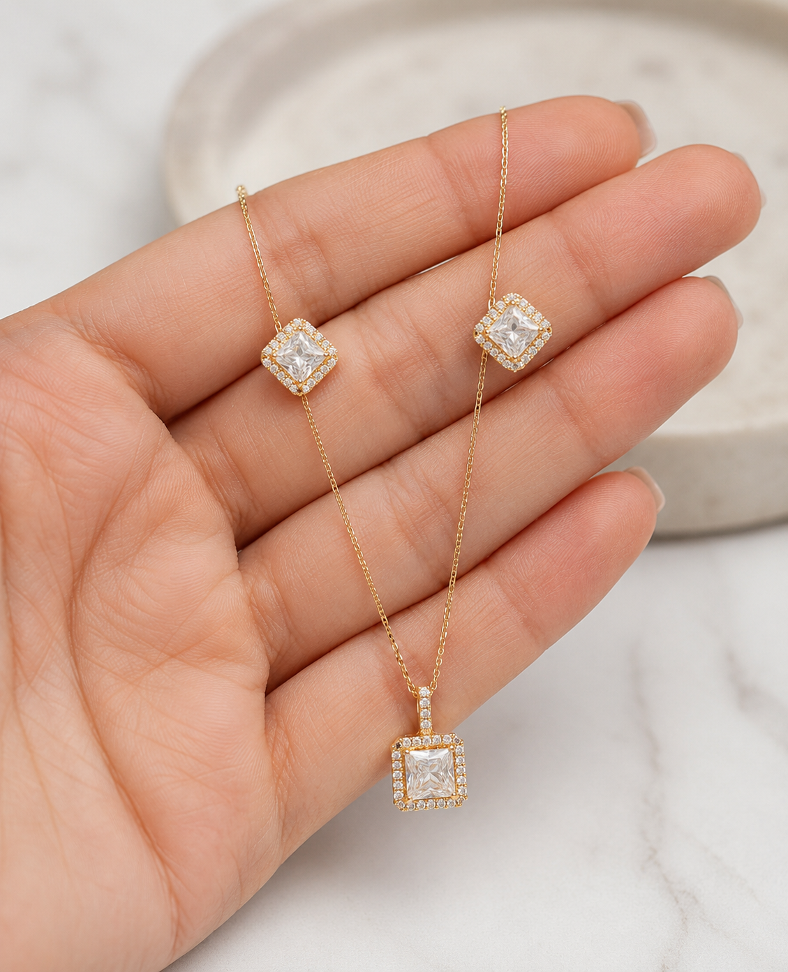 Square Solitaire Rose Gold Pendant Necklace