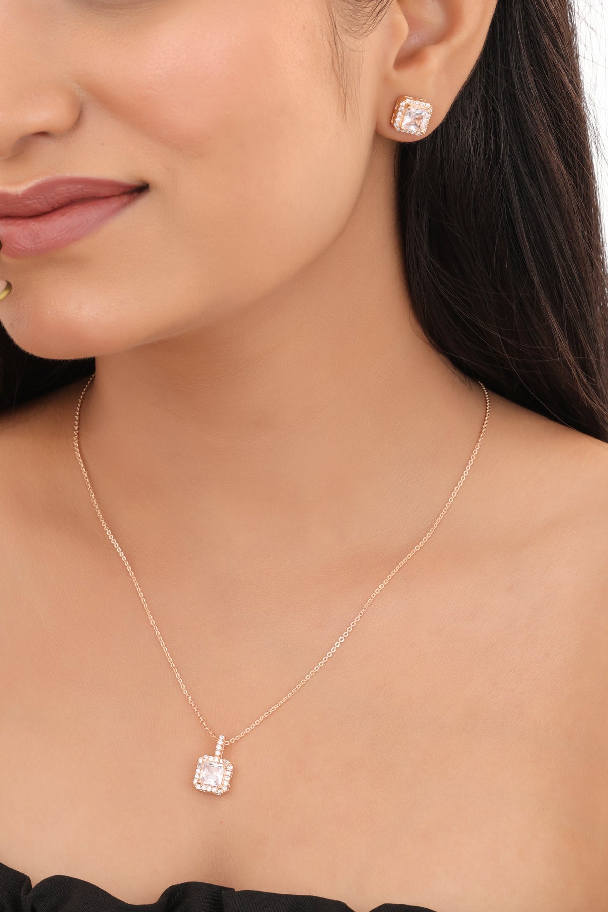Square Solitaire Rose Gold Pendant Necklace - Pendant Set - Belleza Jewels