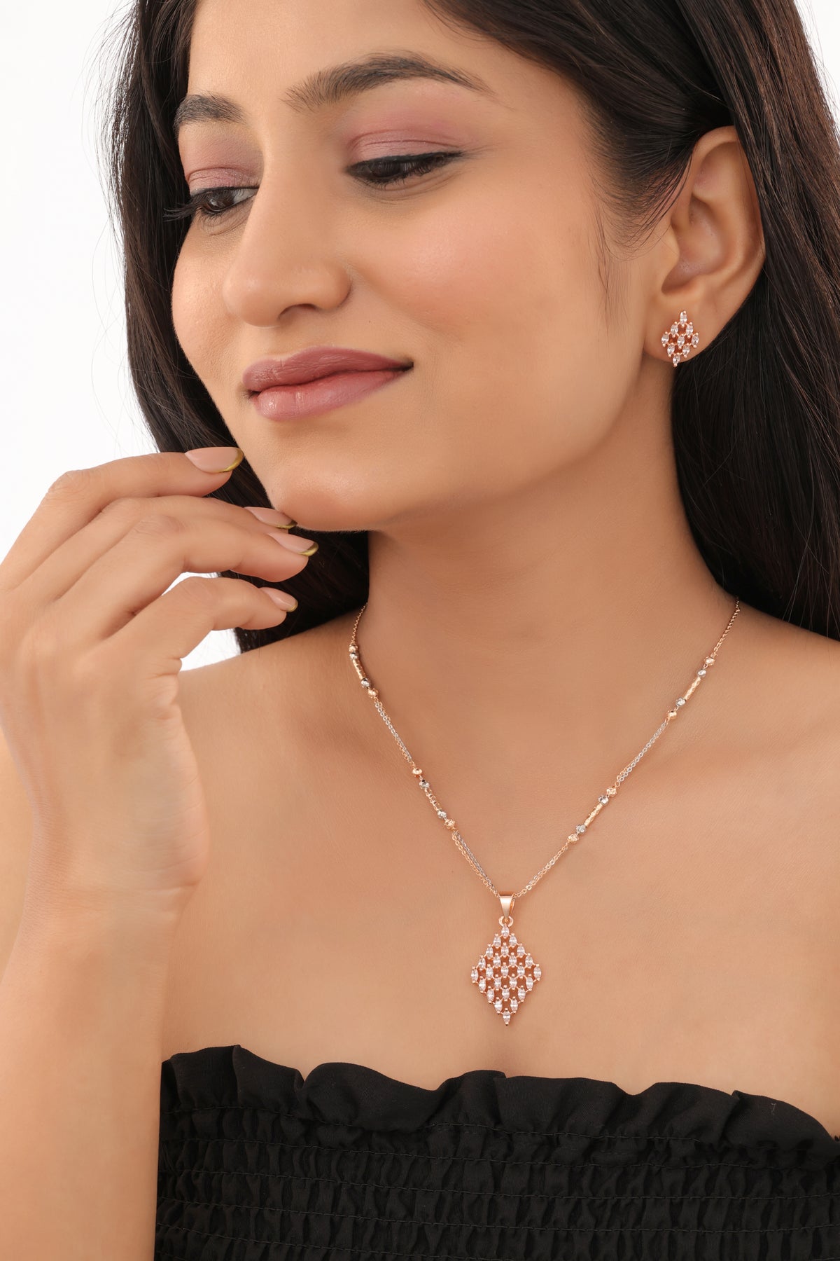 Diamond Pattern Rose Gold Mangalsutra - Pendant Set - Belleza Jewels