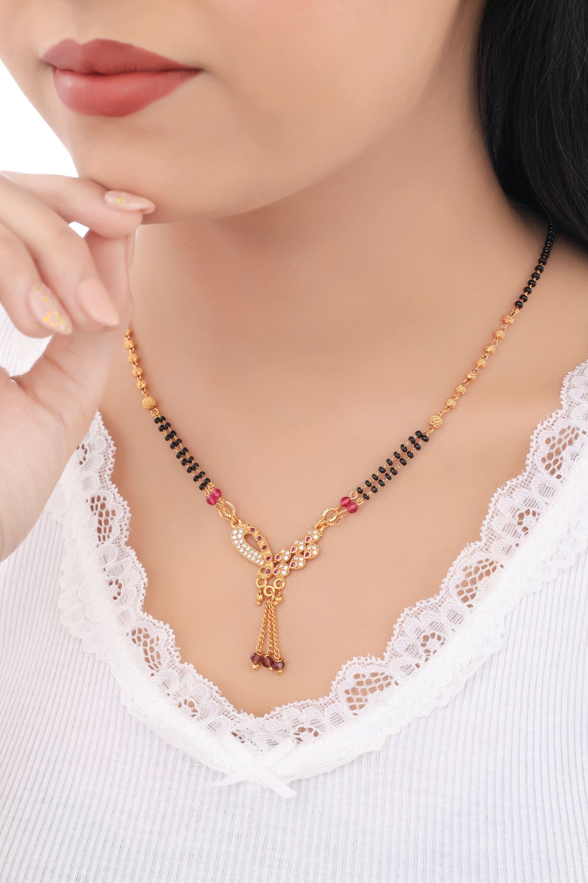 Buy 1 Get 1 Free -Gold Plated Stone Drop Pendant Mangalsutra with Black Beads - Mangalsutra - Belleza Jewels