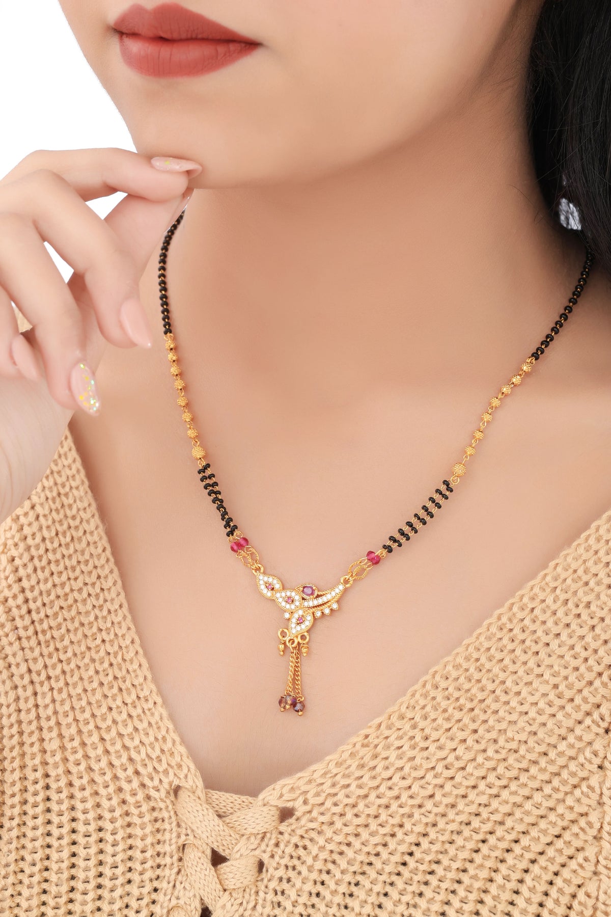 Buy 1 Get 1 Free - Ruby Accent Traditional CZ Drop Mangalsutra - Mangalsutra - Belleza Jewels