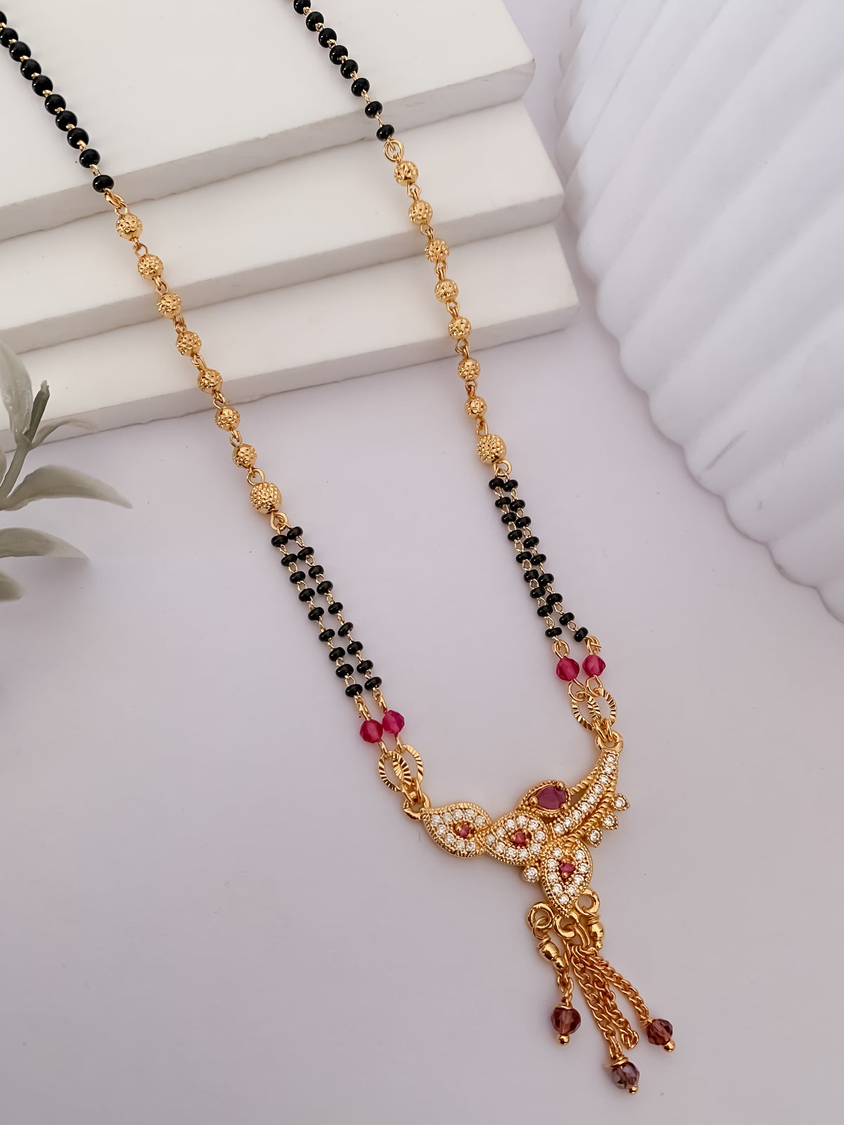 Buy 1 Get 1 Free - Ruby Accent Traditional CZ Drop Mangalsutra - Mangalsutra - Belleza Jewels