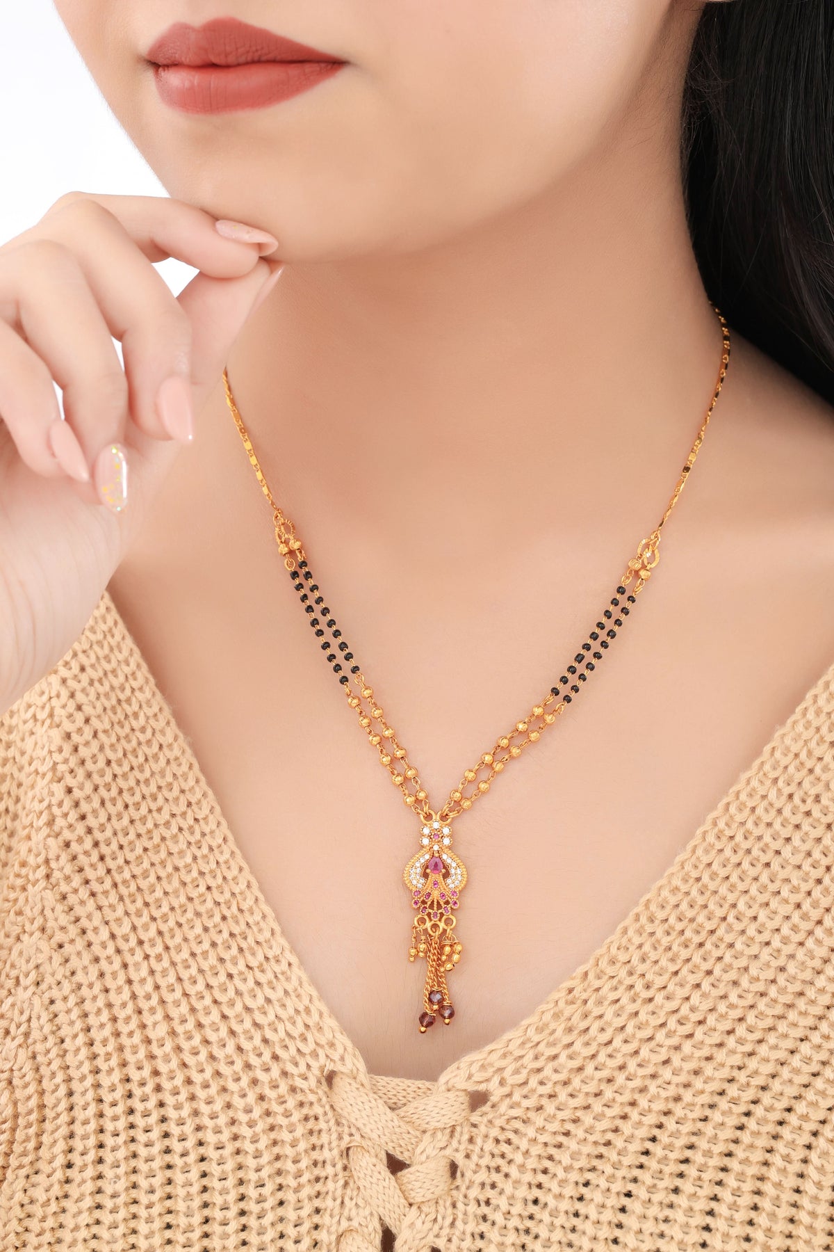 Buy 1 Get 1 Free - Traditional Dual-Line Black Beads Mangalsutra with Ruby CZ Drop Pendant - Mangalsutra - Belleza Jewels