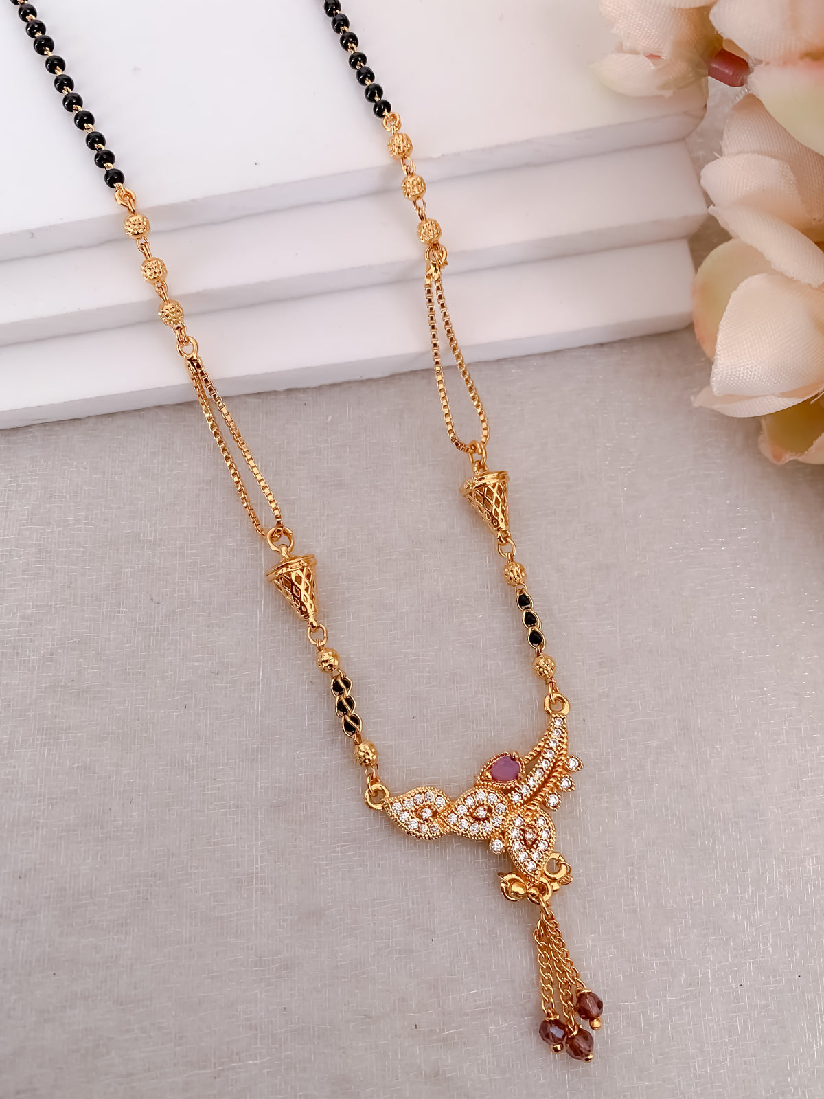 Buy 1 Get 1 Free - Designer CZ Floral Drop Mangalsutra with Black Beads - Mangalsutra - Belleza Jewels