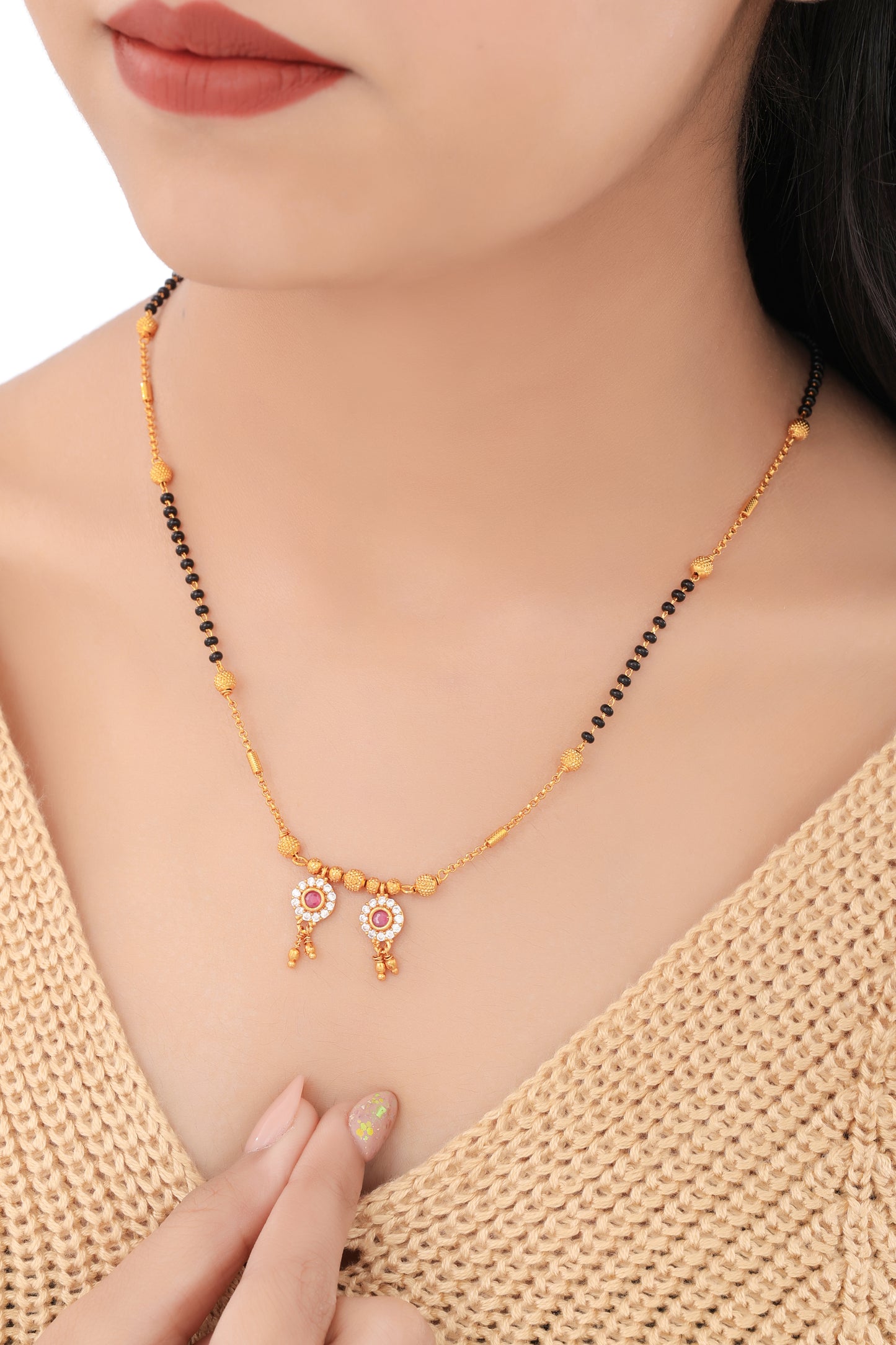 BUY 1 GET 1 FREE- American Diamond Round Shape Ruby Mangalsutra