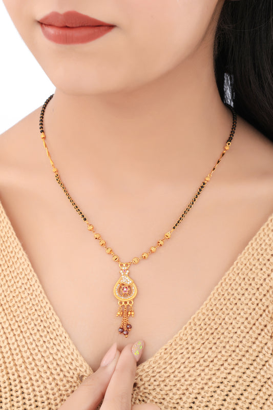 BUY 1 GET 1 FREE- American Diamond Gold Plated Oval Shape Hanging Mangalsutra