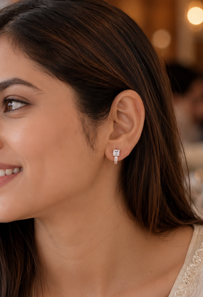 Buy 1 Get 1 Free -American Diamond Rose Gold Square Shape Delicate Bali Earrings