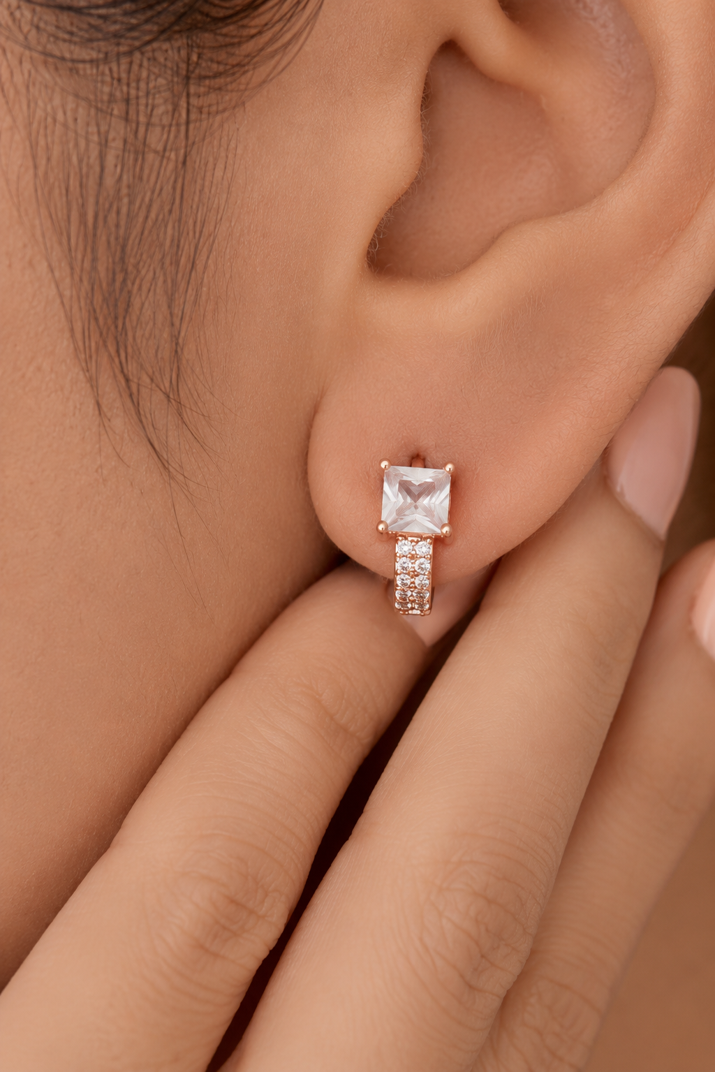 Buy 1 Get 1 Free -American Diamond Rose Gold Square Shape Delicate Bali Earrings