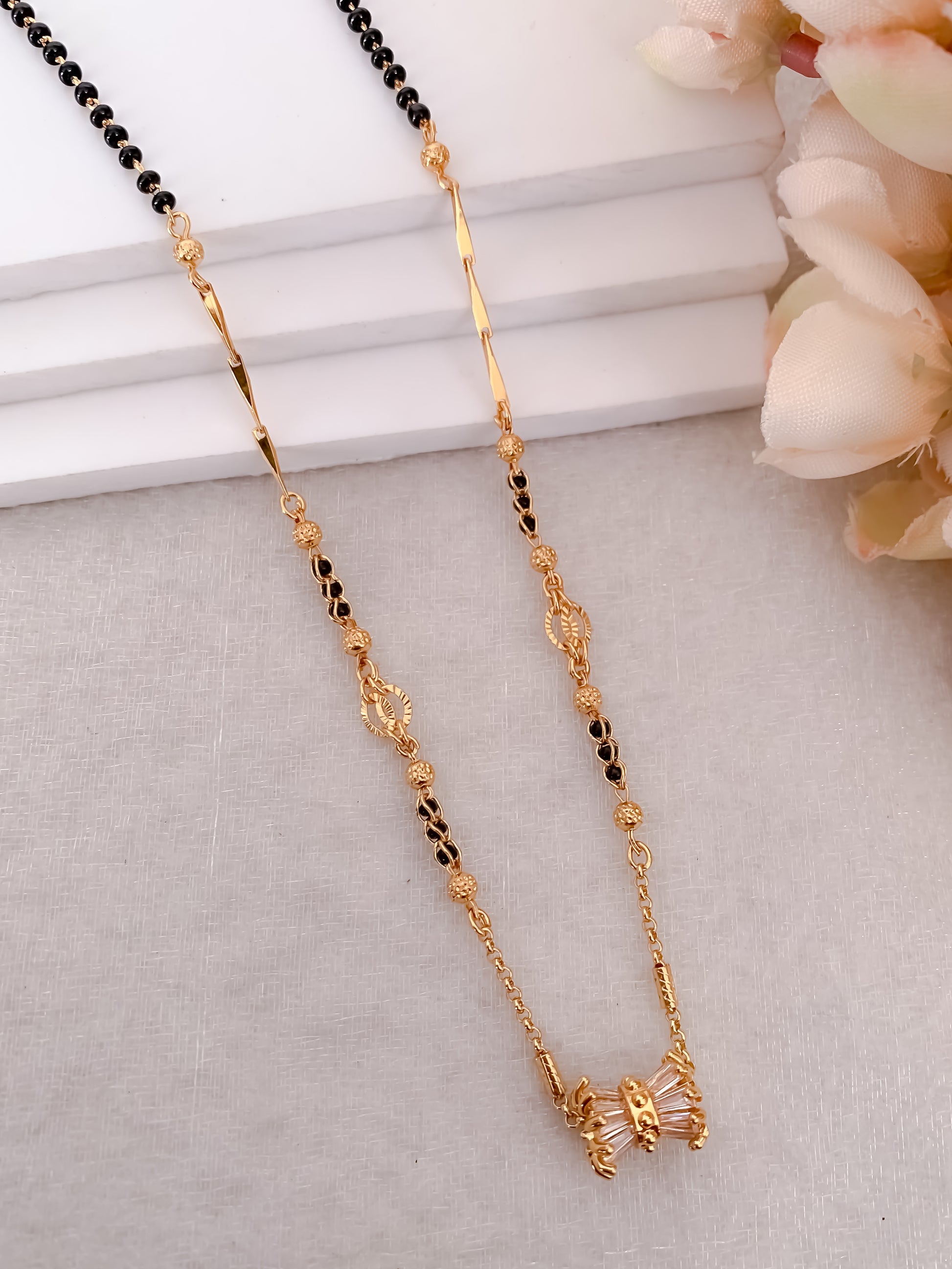 Buy 1 Get 1 Free - Minimal Bow Design Diamond Style Black Beads Mangalsutra - Mangalsutra - Belleza Jewels