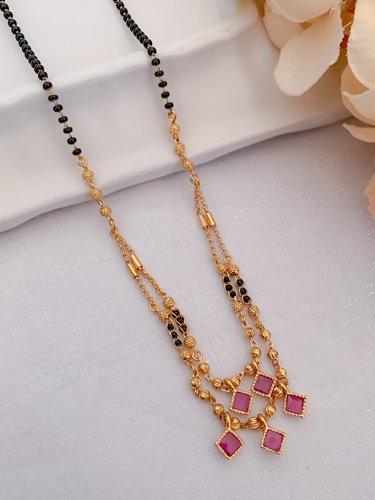 Buy 1 Get 1 Free -Ruby Square Drop Layered Mangalsutra