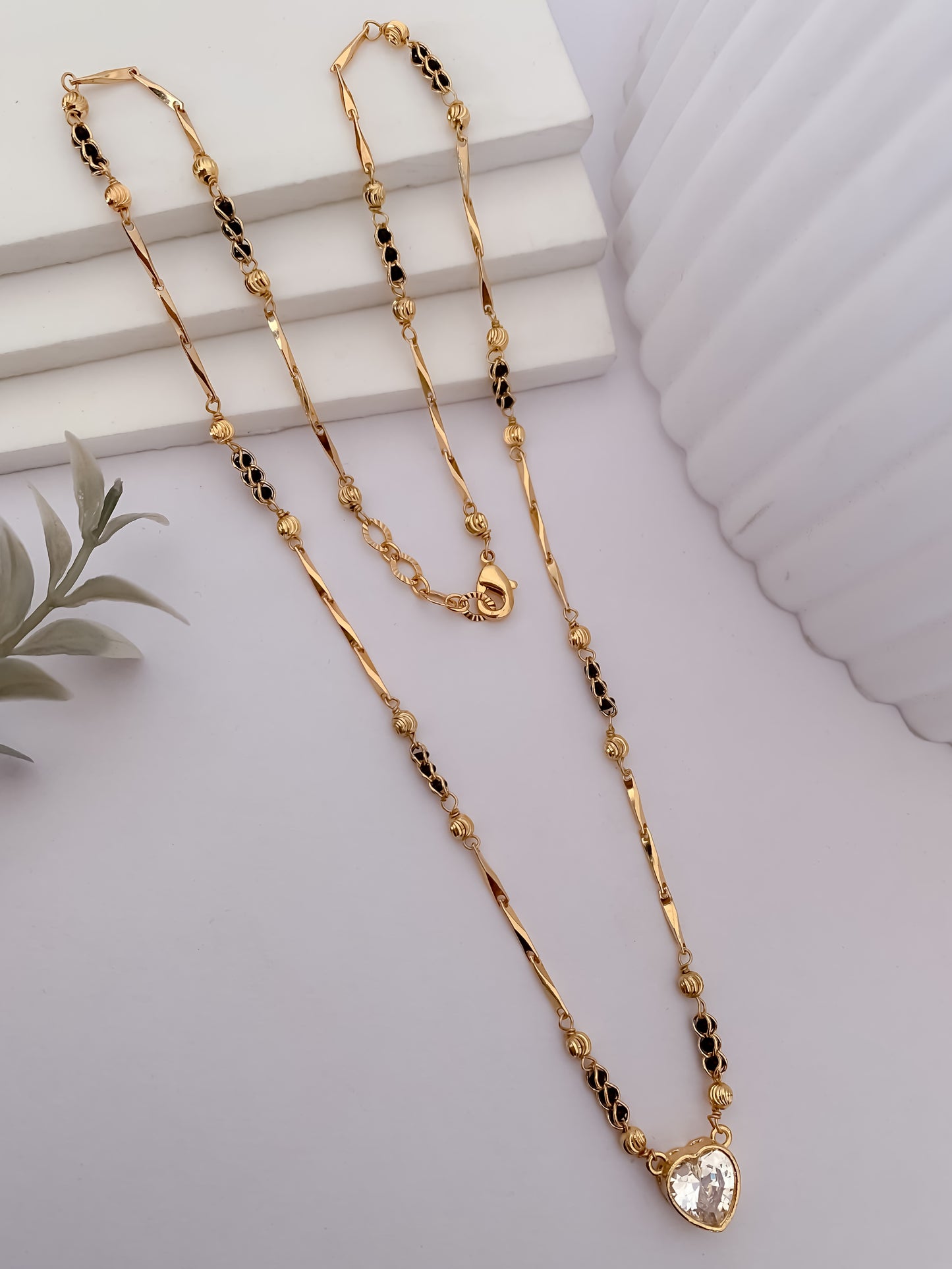 Buy 1 Get 1 Free -Gold Plated Heart Pendant Mangalsutra with Black Bead Accents - Mangalsutra - Belleza Jewels