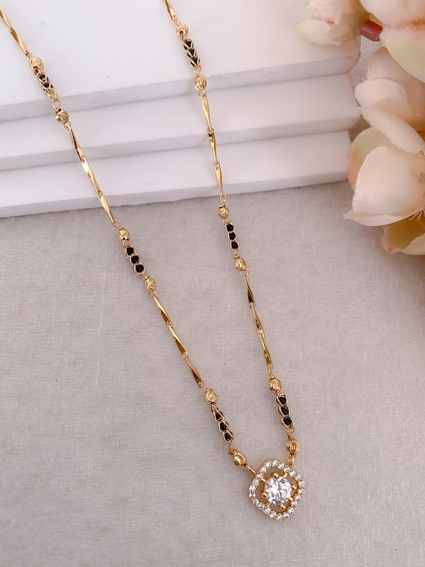 Buy 1 Get 1 Free -Square Halo Solitaire Pendant Gold Chain Mangalsutra