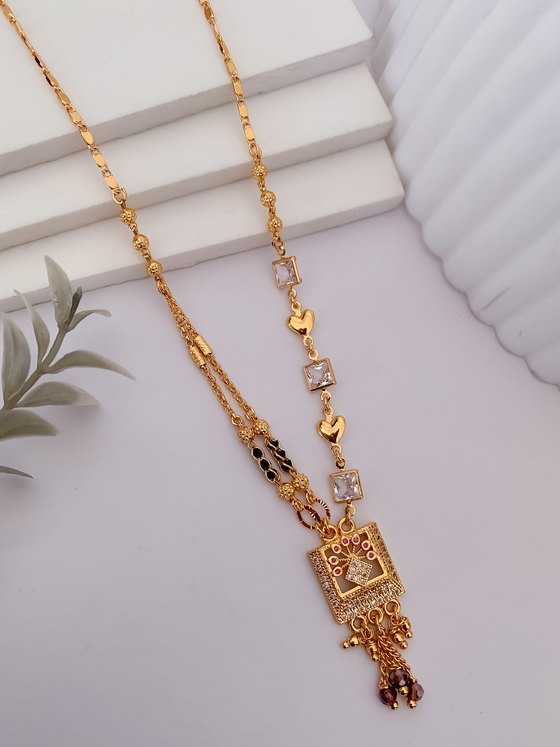 Buy 1 Get 1 Free - Square Diamond Style Tassel Drop Black Beads Mangalsutra - Mangalsutra - Belleza Jewels