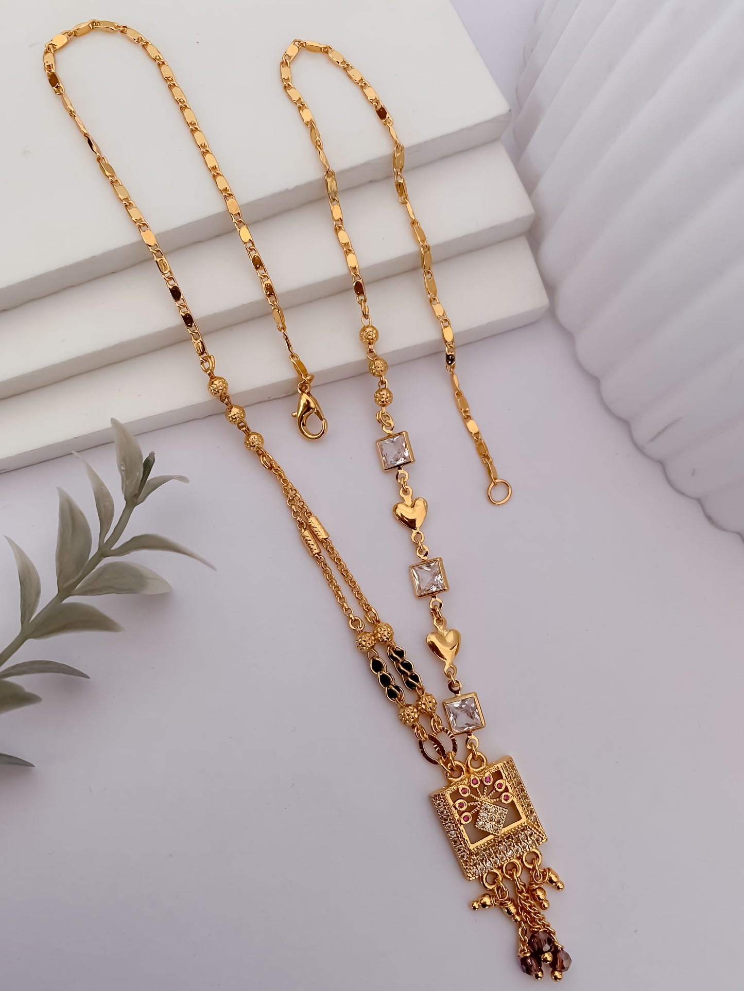 Buy 1 Get 1 Free - Square Diamond Style Tassel Drop Black Beads Mangalsutra - Mangalsutra - Belleza Jewels