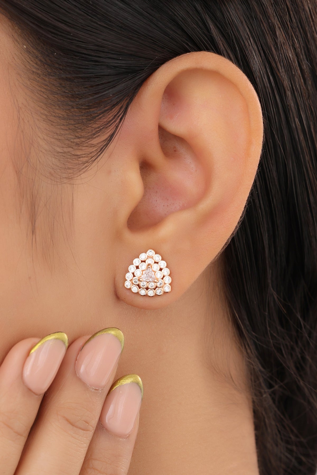 Buy 1 Get 1 Free -American Diamond Rose Gold Tringle Shape Earrings - Earrings - Belleza Jewels
