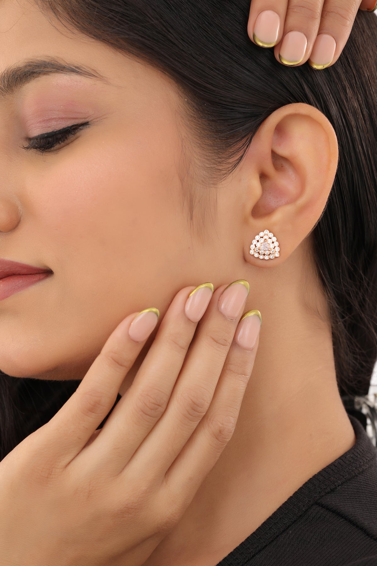 Buy 1 Get 1 Free -American Diamond Rose Gold Tringle Shape Earrings - Earrings - Belleza Jewels