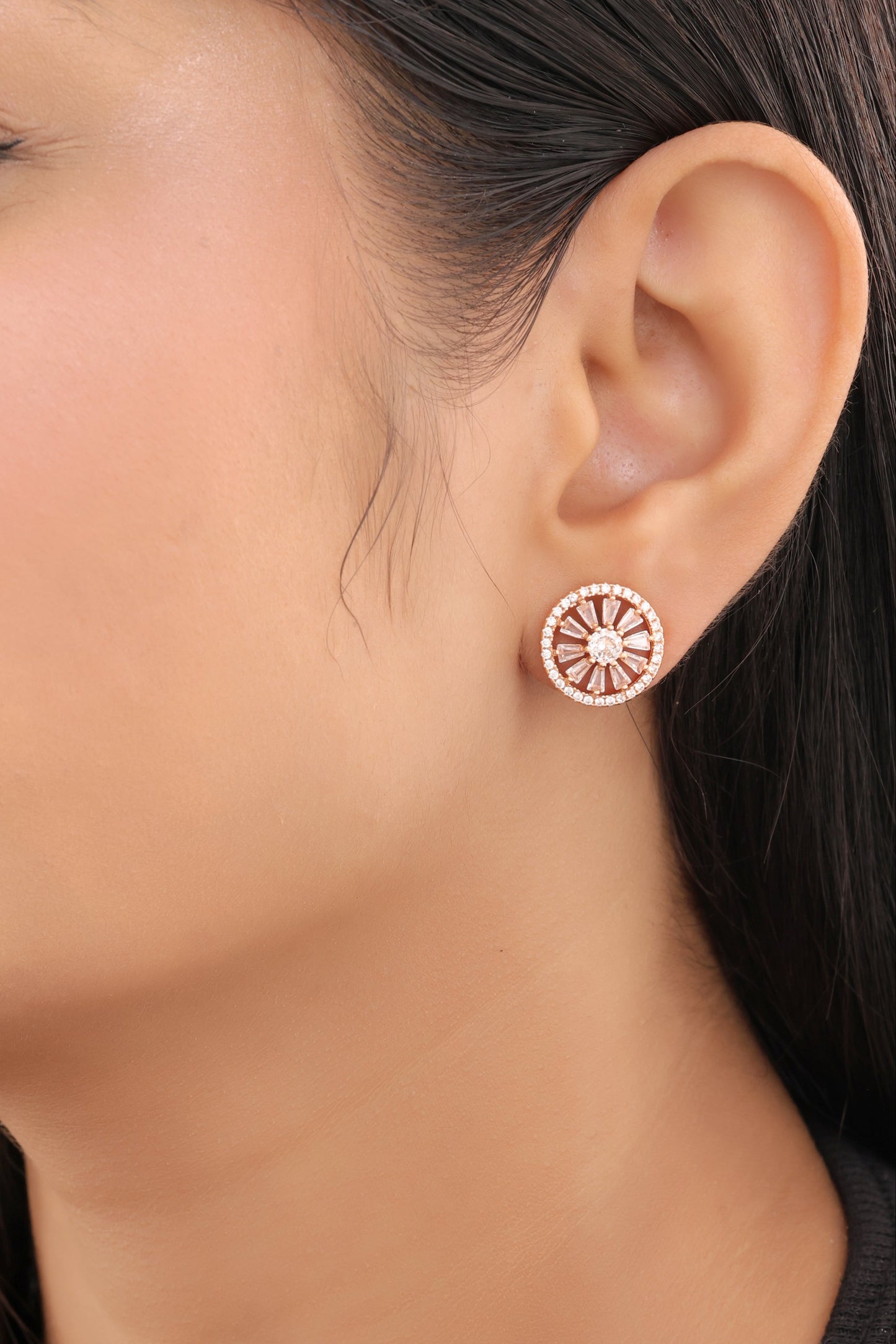 Buy 1 Get 1 Free -American Diamond Rose Gold Round Shape Fancy Delicate Earrings