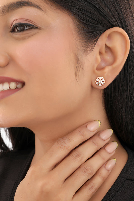 Buy 1 Get 1 Free - Rose Gold Sparkle Studs – American Diamond Octagon Earrings