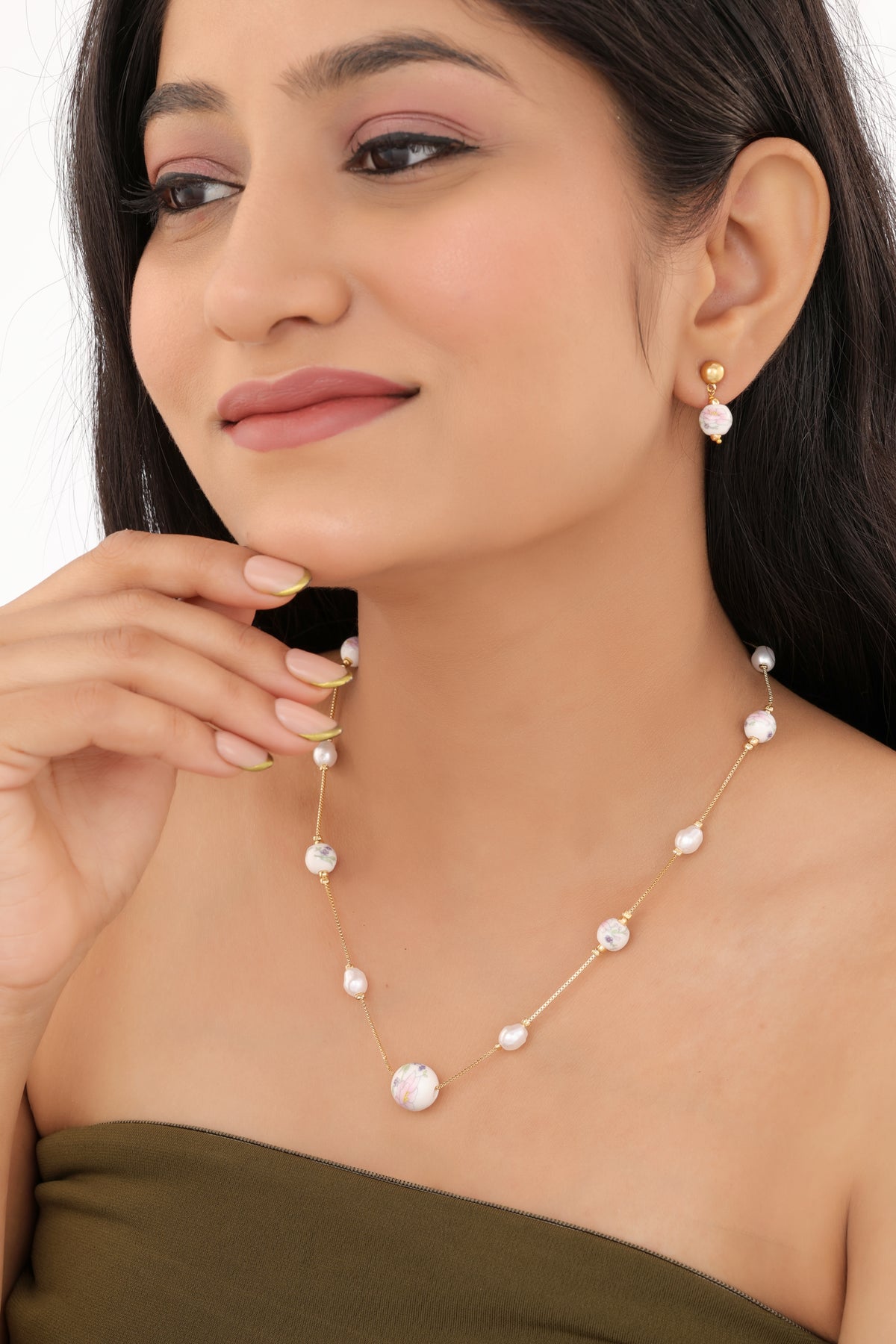 Fancy High Gold Printed Pearl with Earring Western Mala Set - Western Mala Set - Belleza Jewels