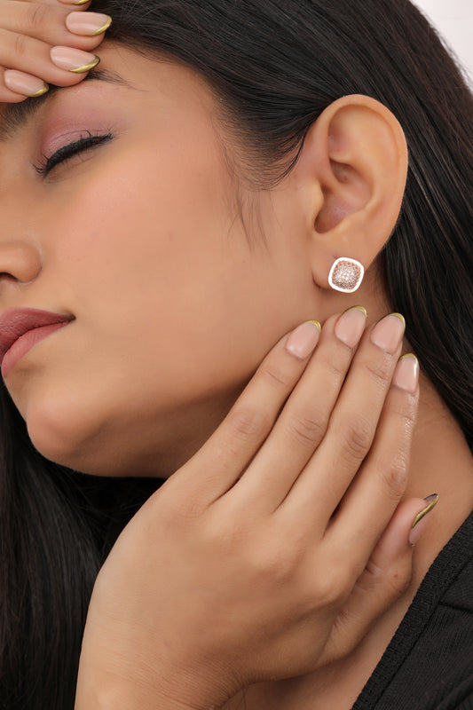 Buy 1 Get 1 Free -American Diamond Rose Gold Plated Fancy Square Delicate Earrings