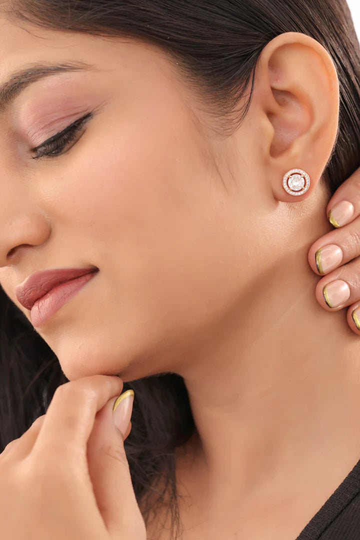 Buy 1 Get 1 Free-American Diamond Rose Gold Round Shape Fancy Earrings