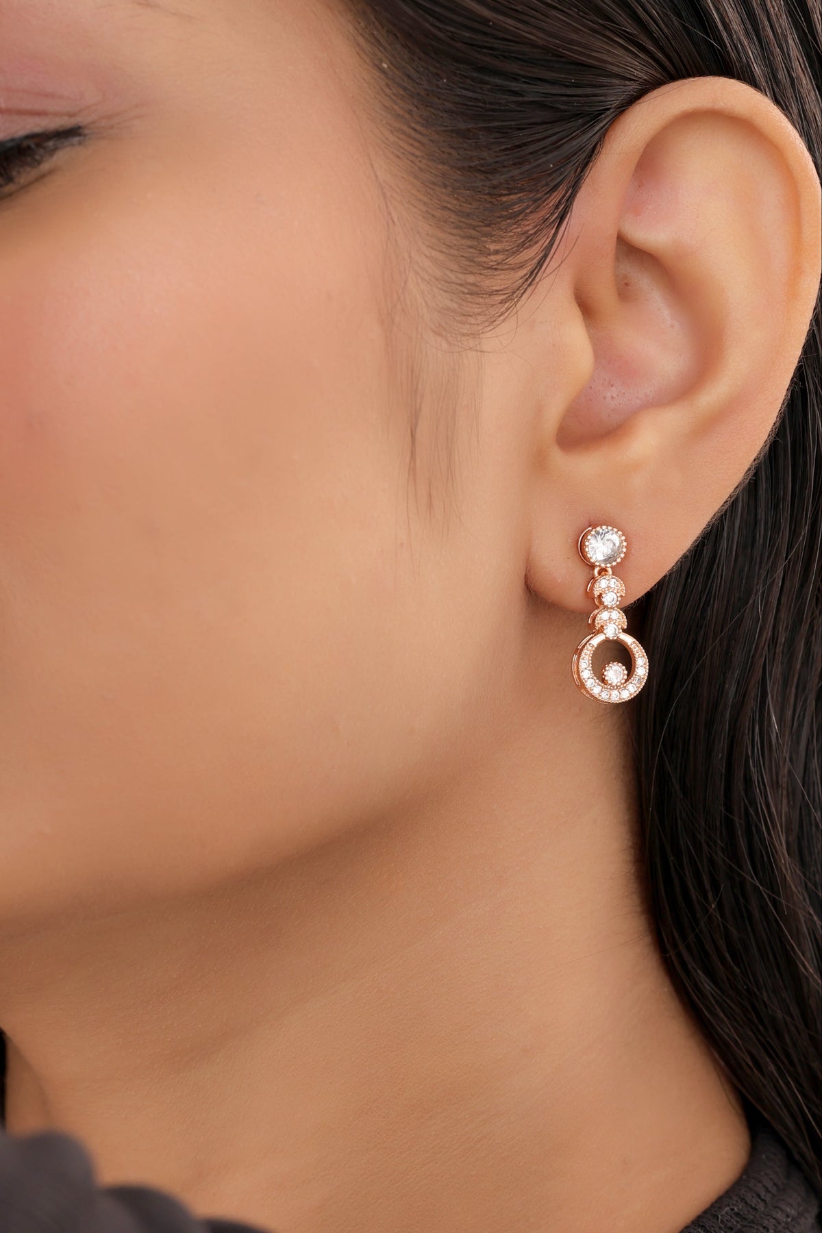 Buy 1 Get 1 Free -American Diamond Rose Gold Plated Hanging Fancy Delicate Earrings - Earrings - Belleza Jewels