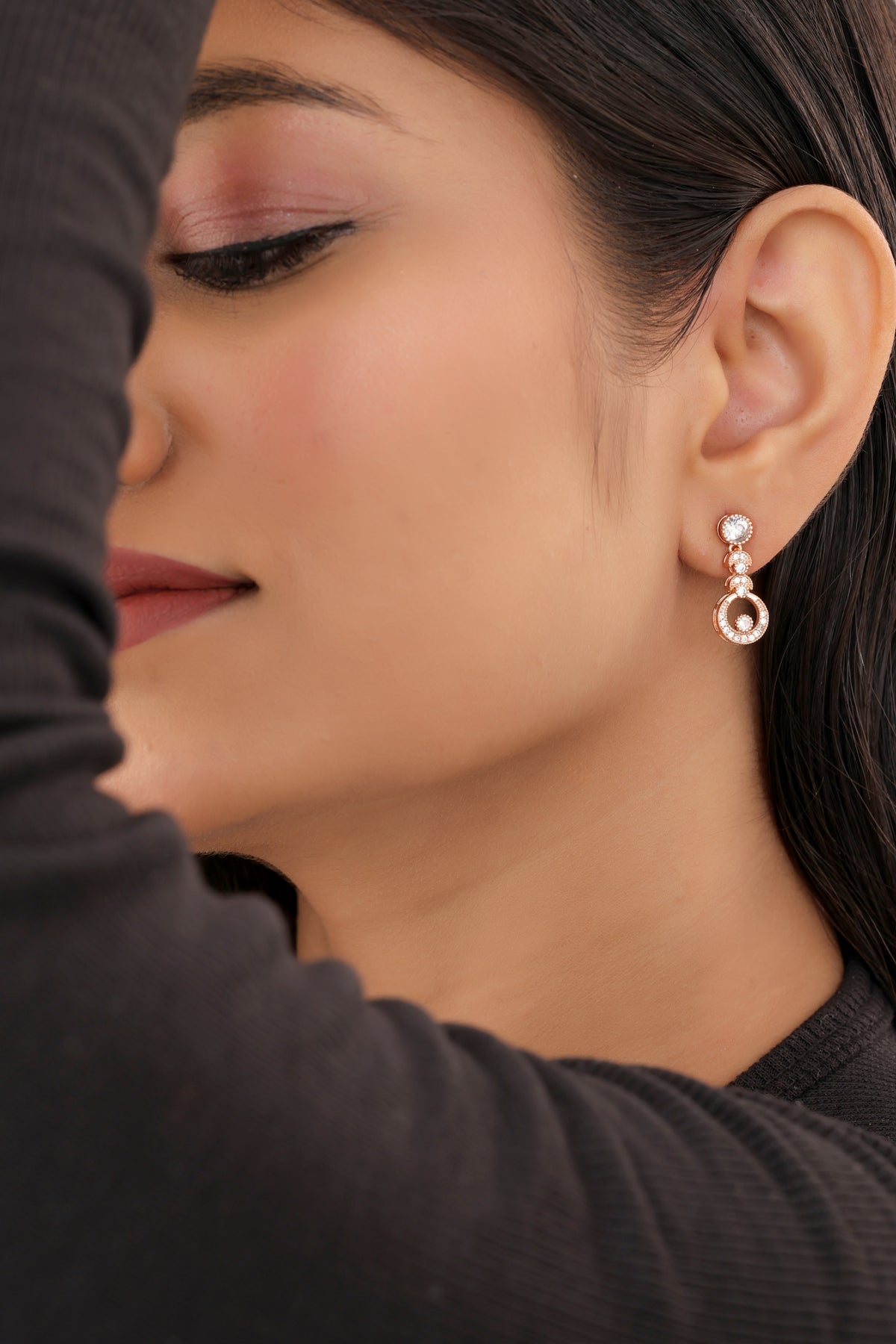 Buy 1 Get 1 Free -American Diamond Rose Gold Plated Hanging Fancy Delicate Earrings - Earrings - Belleza Jewels