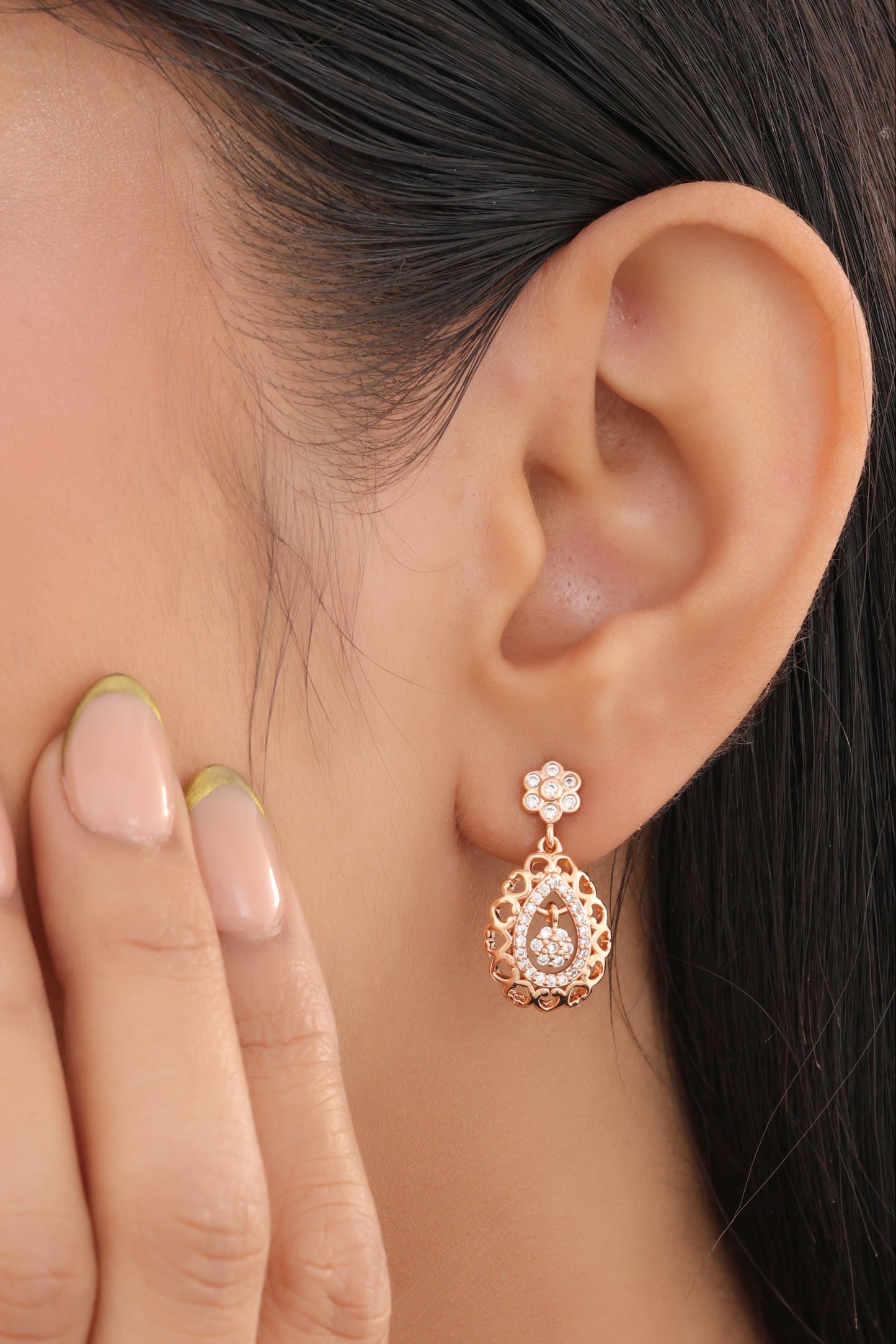 Buy 1 Get 1 Free-American Diamond Rose Gold Delicate Fancy Earrings - Earrings - Belleza Jewels