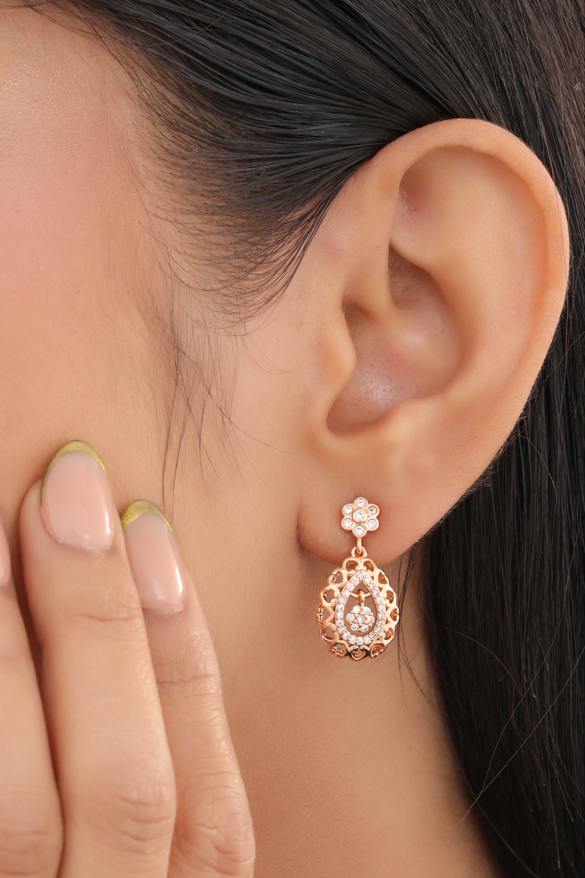 Buy 1 Get 1 Free-American Diamond Rose Gold Delicate Fancy Earrings - Earrings - Belleza Jewels